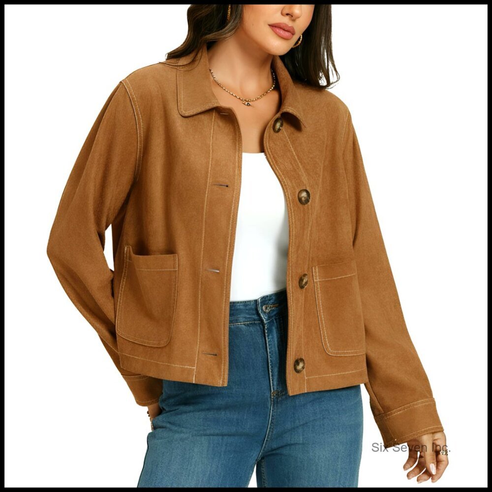 Faux Suede Bomber Jacket Cropped Button Down Coat Women's Outerwear